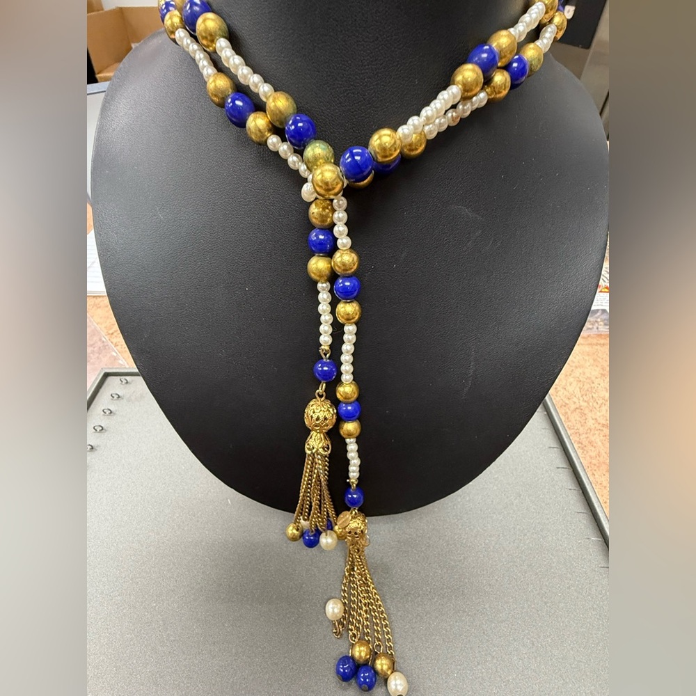 Vintage Valentino Lapis, Pearl and Gold Bead Lariat  Necklace